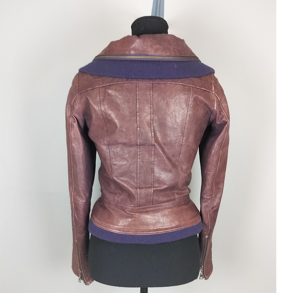 Danier Italian Leather Hooded Bomber Jacket‎ Womens 2XS Purple Ribbed Wool Trim - Picture 4 of 15